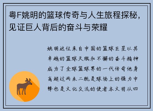 粤F姚明的篮球传奇与人生旅程探秘，见证巨人背后的奋斗与荣耀